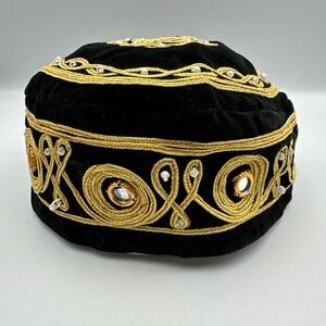 Vintage Velvet Embroidered Turkish Islamic Hat Kufi Gold Thread Mirrors Beads